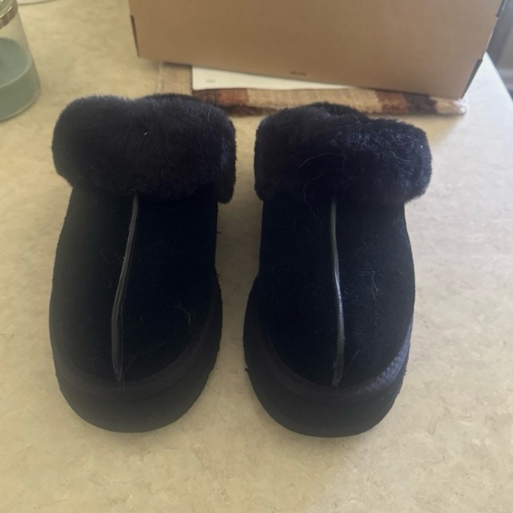 UGG Black Mules with Fur Trim platform wedge new